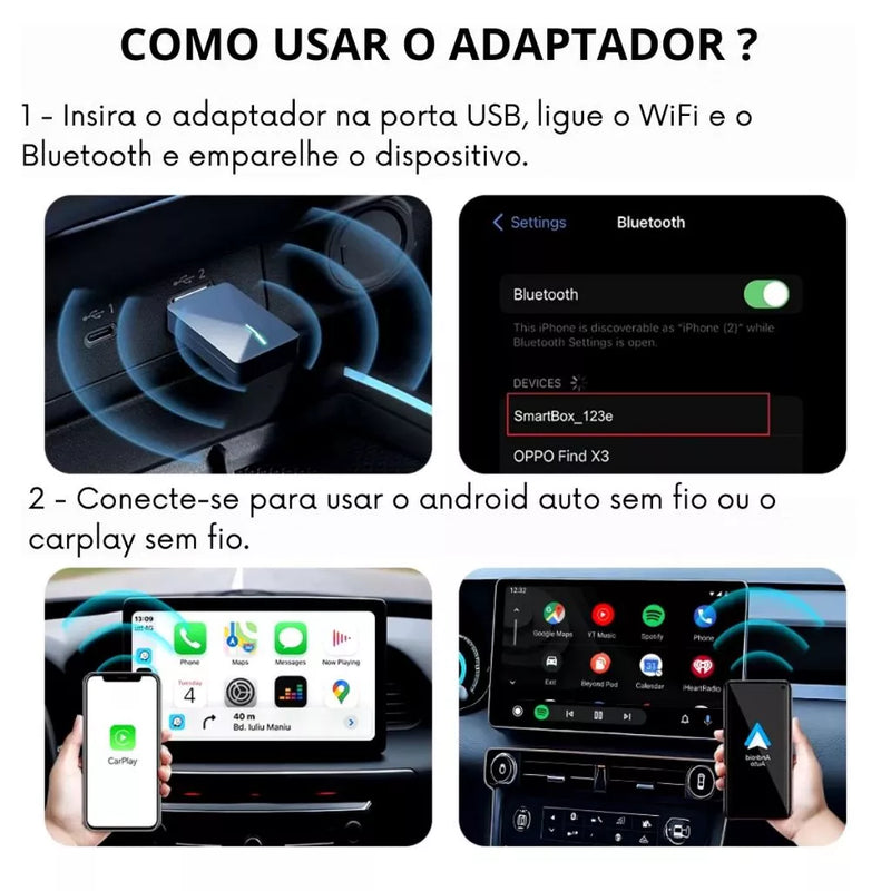 Adaptador de Carplay e Android Auto sem Fio CarLink